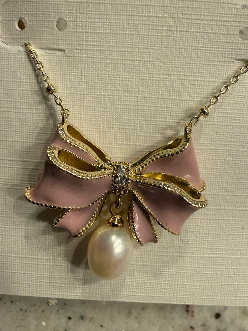 Kendra Scott Love Shack Fancy Pearl Pink Bow Necklace Gold